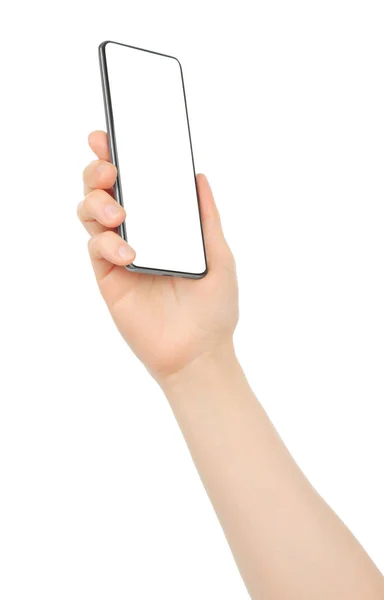 Mão Segurando Telefone Inteligente Moderno Isolado Fundo Branco Close — Fotografia de Stock