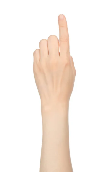 Kobieta Ręka Pokazuje Wirtualne Dotykanie Białym Tle Zbliżenie — Zdjęcie stockowe