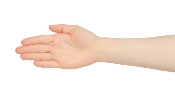 Mulher Mão Mostra Aperto Mão Fundo Branco Close — Fotografia de Stock