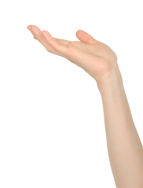 Frauenhand Zeigt Virtuelles Halten Von Etwas Auf Weißem Hintergrund Nahaufnahme — Stockfoto