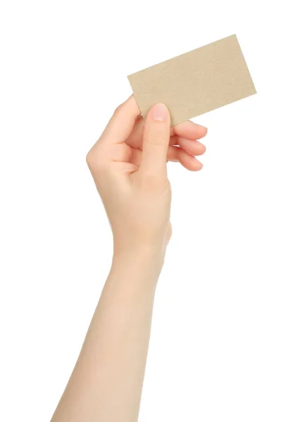 Hand Holds Blank Business Card White Background Close — Stock Photo, Image