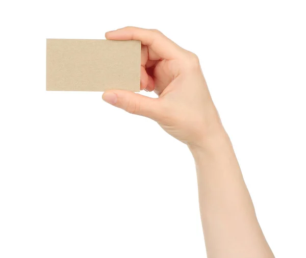 Hand Holds Blank Business Card White Background Close — Stockfoto