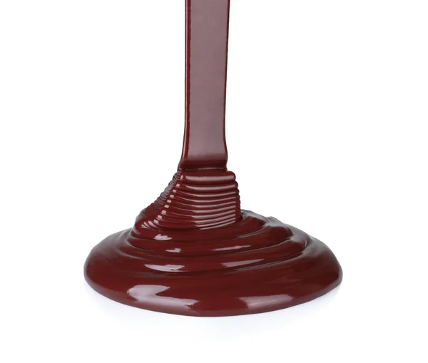 Geschmolzene Schokolade Tropft Auf Weißem Hintergrund Nahaufnahme — Stockfoto
