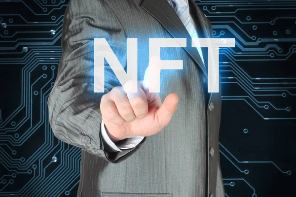 Empresario Presionando Botón Nft Virtual Primer Plano Fondo Digital —  Fotos de Stock