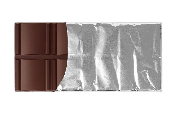Chocolate Bar Embrulhado Papel Alumínio Sobre Fundo Branco Close — Fotografia de Stock