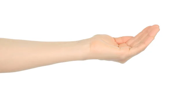Mulher Mão Mostra Virtual Segurando Algo Fundo Branco Close — Fotografia de Stock