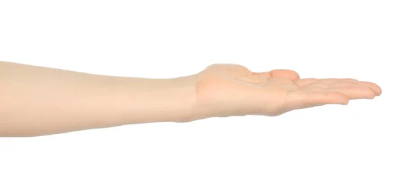 Woman Hand Shows Virtual Holding Something White Background Close — Stock Photo, Image