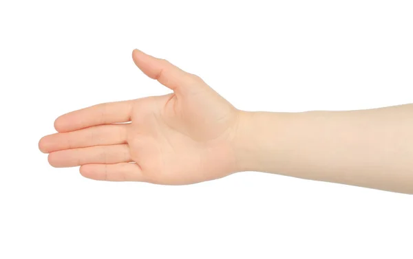 Vrouw Hand Toont Handdruk Witte Achtergrond Close — Stockfoto