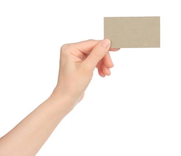 Hand Holds Blank Business Card White Background Close — Stockfoto