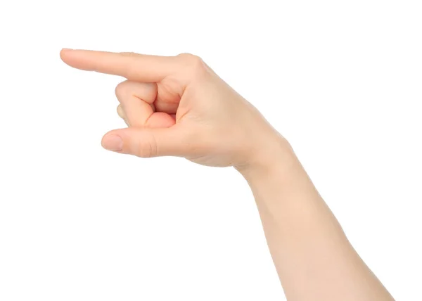 Woman Hand Shows Virtual Touching White Background Close — Stock Photo, Image
