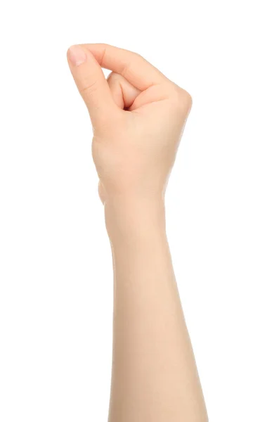 Woman Hand Shows Virtual Holding Something White Background Close — Stock Photo, Image