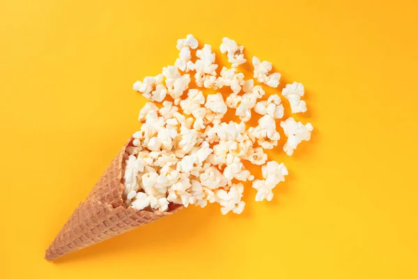 Waffle Cone Salted Popcorn Yellow Background Snack Concept Close — Stock Photo, Image