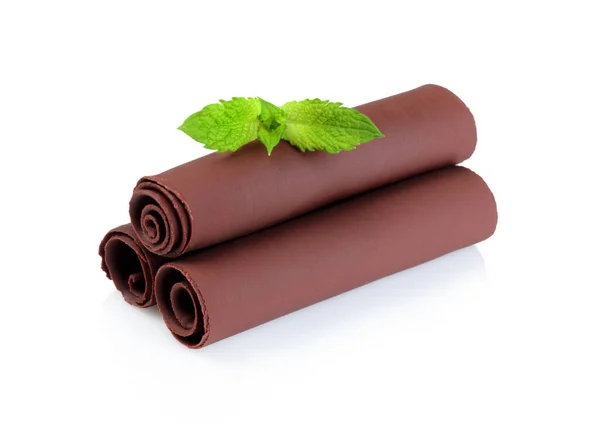 Cachos Chocolate Com Folhas Hortelã Verde Fundo Branco Close — Fotografia de Stock