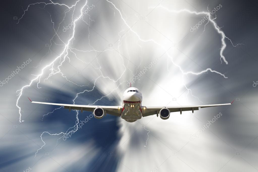 jet travelling through rainy stormy sky