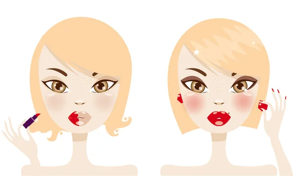 Cute blonde woman before and after makeup — Stock Vector