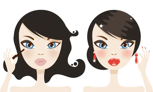 Linda mujer morena antes y después del maquillaje — Vector de stock