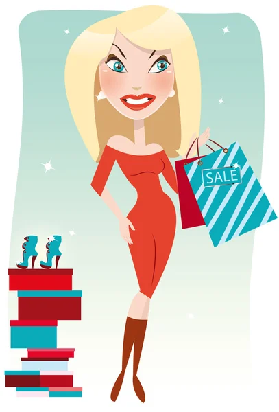 Mujer rubia bonita con bolsas de compras elegir un zapatos — Vector de stock