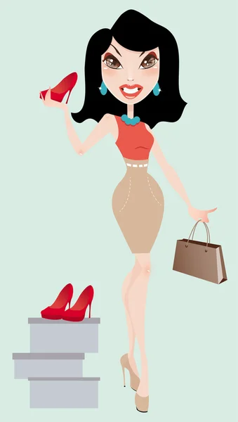 Linda mujer morena sonriente con bolsa de compras y zapato rojo — Archivo Imágenes Vectoriales