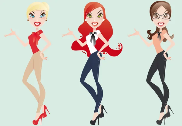 Groep cartoon mooie vrouw presentatie blonde redhead brunette — Stockvector