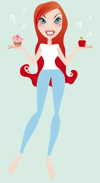 Dessin animé jolie rousse femme choisissant des aliments sains ou sucrés — Image vectorielle