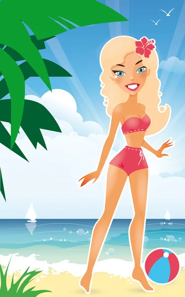 Mooie blonde suntanned meisje op strand — Stockvector