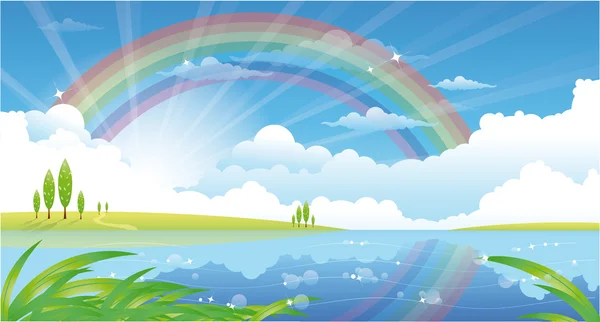 Hermoso paisaje de verano con río y arco iris — Vector de stock