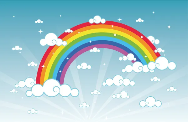 Ilustración vectorial de dibujos animados hermoso cielo con arco iris — Vector de stock