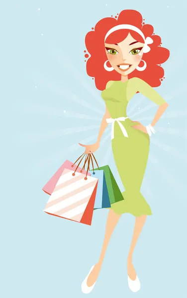 Beautiful redhead woman with shopping bags — Stock Vector