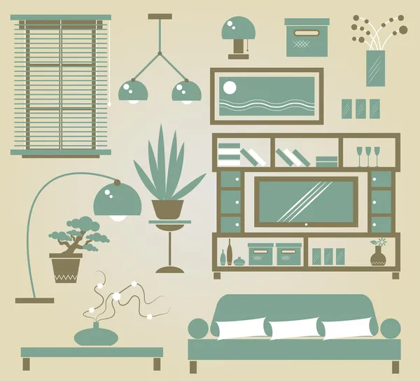 Conjunto de iconos de muebles vectoriales para sala de estar — Vector de stock