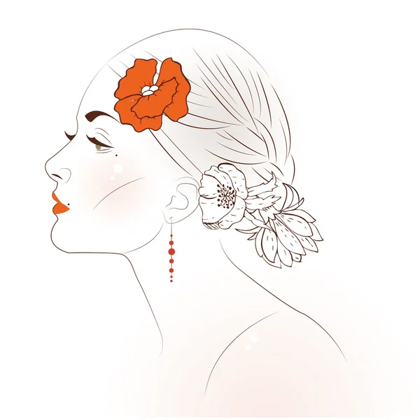 Profil piękne kobiety z ręcznie rysowane kwiaty — Wektor stockowy