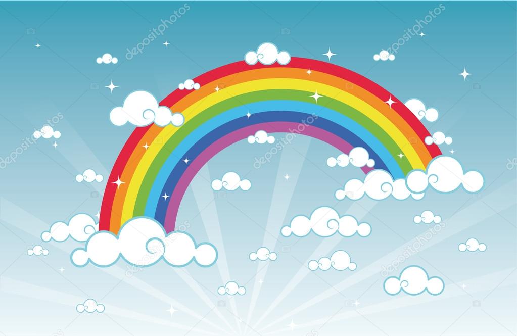 Vector illustration of cartoon beautiful sky with rainbow