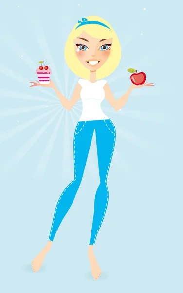 Мультфильм симпатичная блондинка выбирает здоровую или сладкую пищу — стоковый вектор