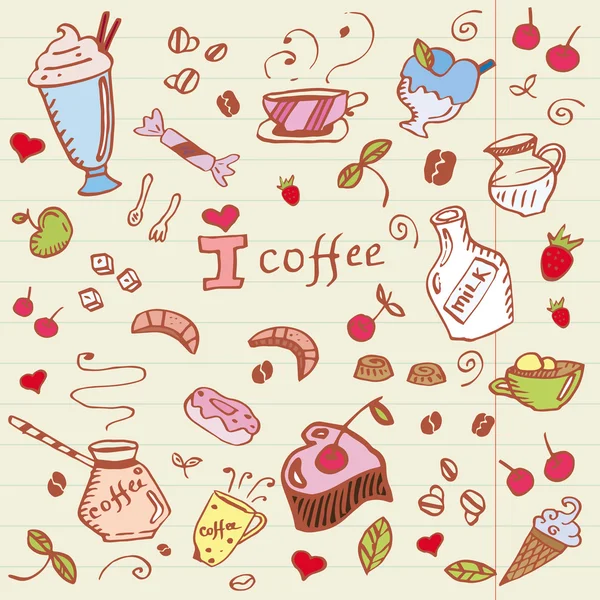 Γελοιογραφία καφέ και γλυκά doodle συλλογή — Διανυσματικό Αρχείο