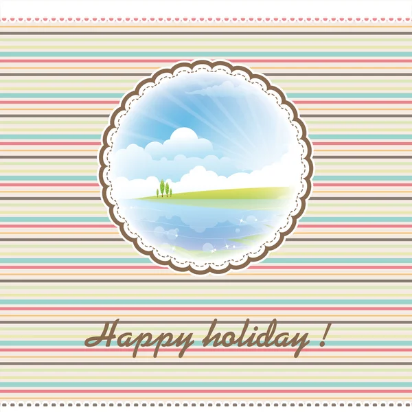 Bonita tarjeta de felicitación con paisaje con río feliz fiesta — Vector de stock