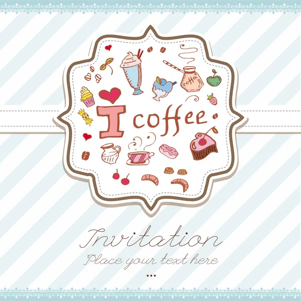 Jolie carte de vœux avec des bonbons dessinés à la main j'adore le café — Image vectorielle