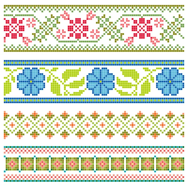 Conjunto de bordes florales de color bordado — Vector de stock