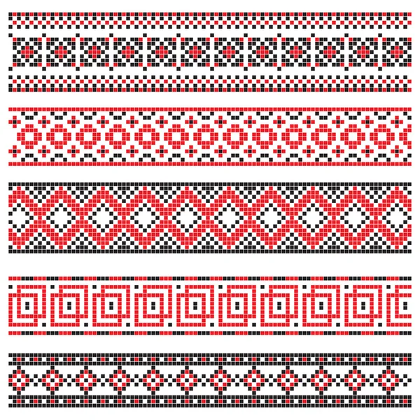 Conjunto de bordes decorativos de punto de cruz rojo y negro — Vector de stock