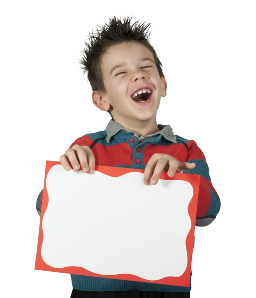 Boy who laughs and holds white board — Stock Photo, Image