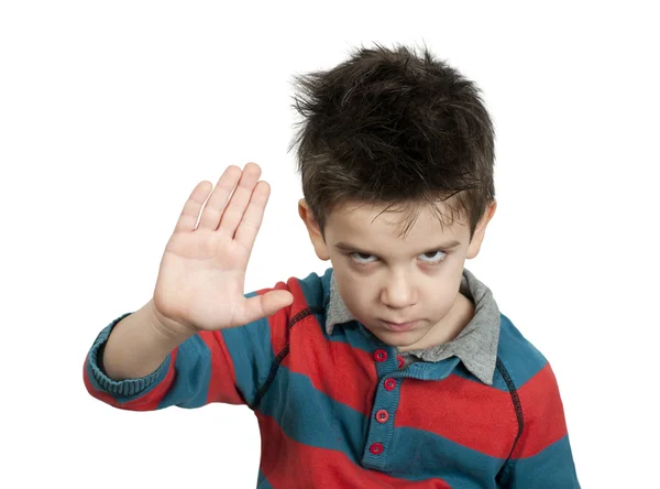 Liten pojke visar stopp med handen — Stockfoto