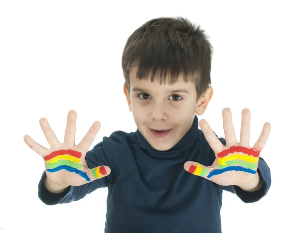 Jongen handen beschilderd met kleurrijke verf — Stockfoto