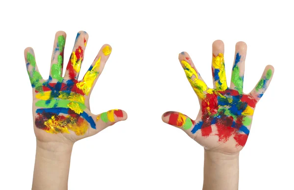 Αγόρι χέρια βάφονται με πολύχρωμα χρώμα — Φωτογραφία Αρχείου