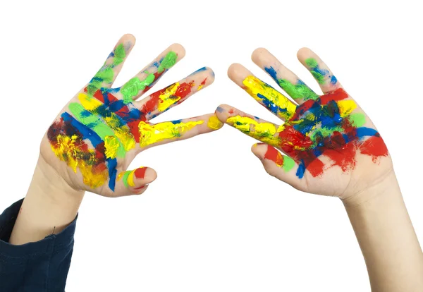 Menino mãos pintadas com tinta colorida — Fotografia de Stock