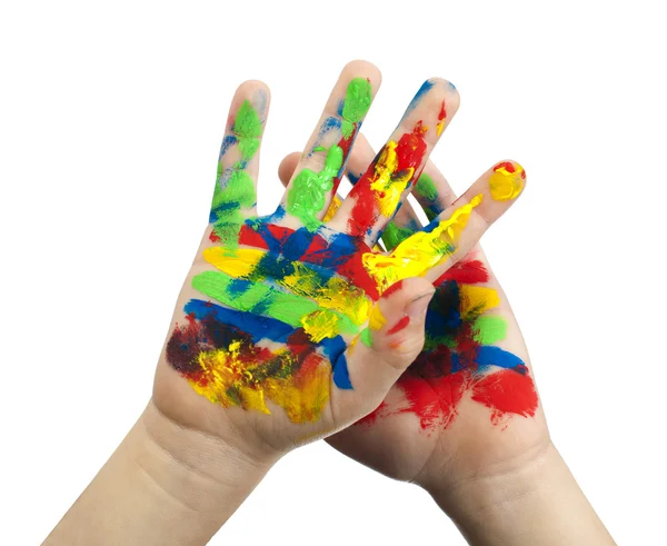 Manos de niño pintadas con pintura colorida — Foto de Stock