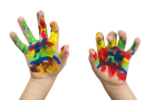 Menino mãos pintadas com tinta colorida — Fotografia de Stock