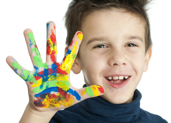 Boy hands painted with colorful paint