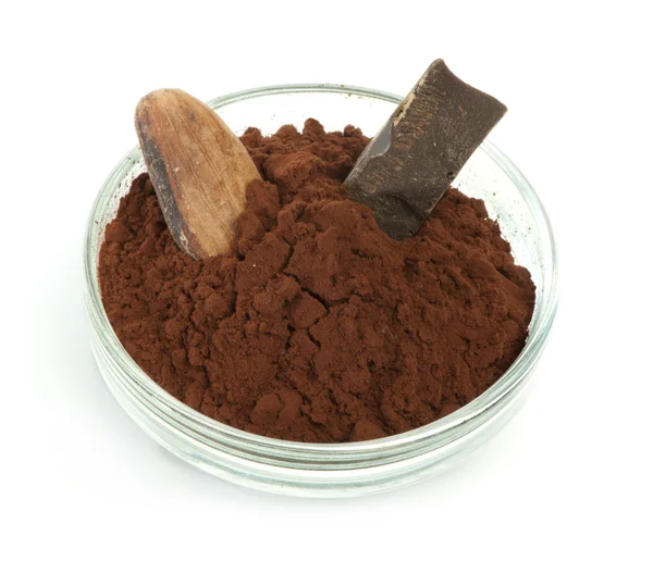 Frijol de cacao, cacao en polvo en cuencos y trozo de chocolate — Foto de Stock