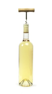 bir şişe beyaz şarap ve bir tirbuşon