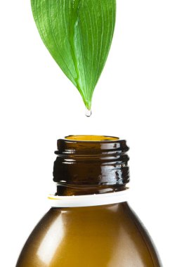 Green leaf and drop over a tube of cosmetics