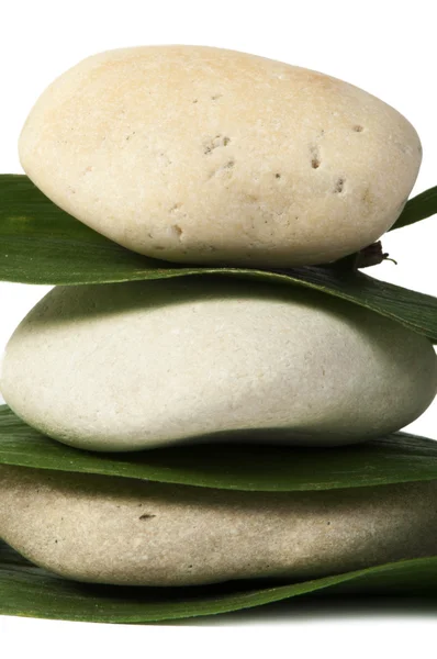 Stacked stones on base of green leafs — Stock Photo, Image