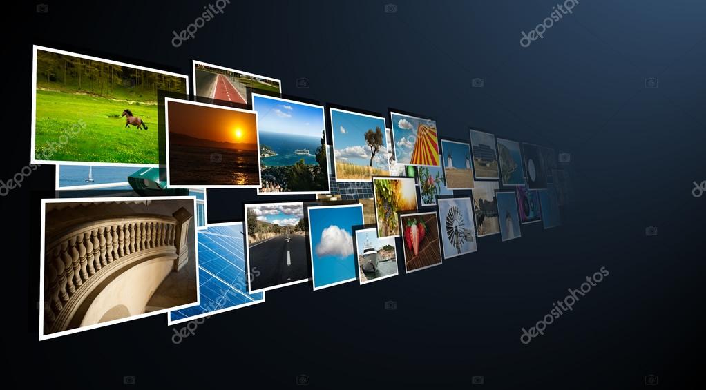 Perspective of images streaming from the deep on dark background